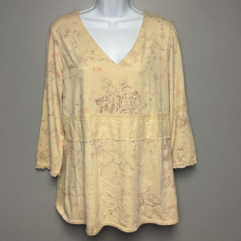 NWT J. Jill Cream Vintage Crossover Cottagecore Lace Floral 3/4 Sleeve Tee Sz M